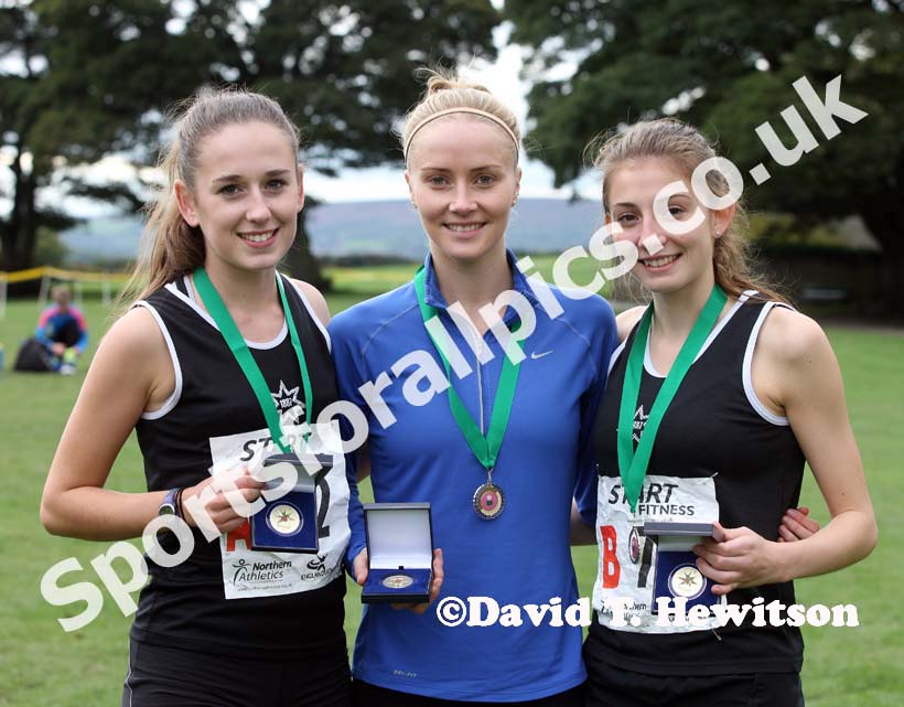 From left to right: Natasha Hatswell, Samantha Johnson and Stephanie Burns, Rotherham senior womens winning team at the Northern Cross Country Relays, Graves Park, Sheffield.